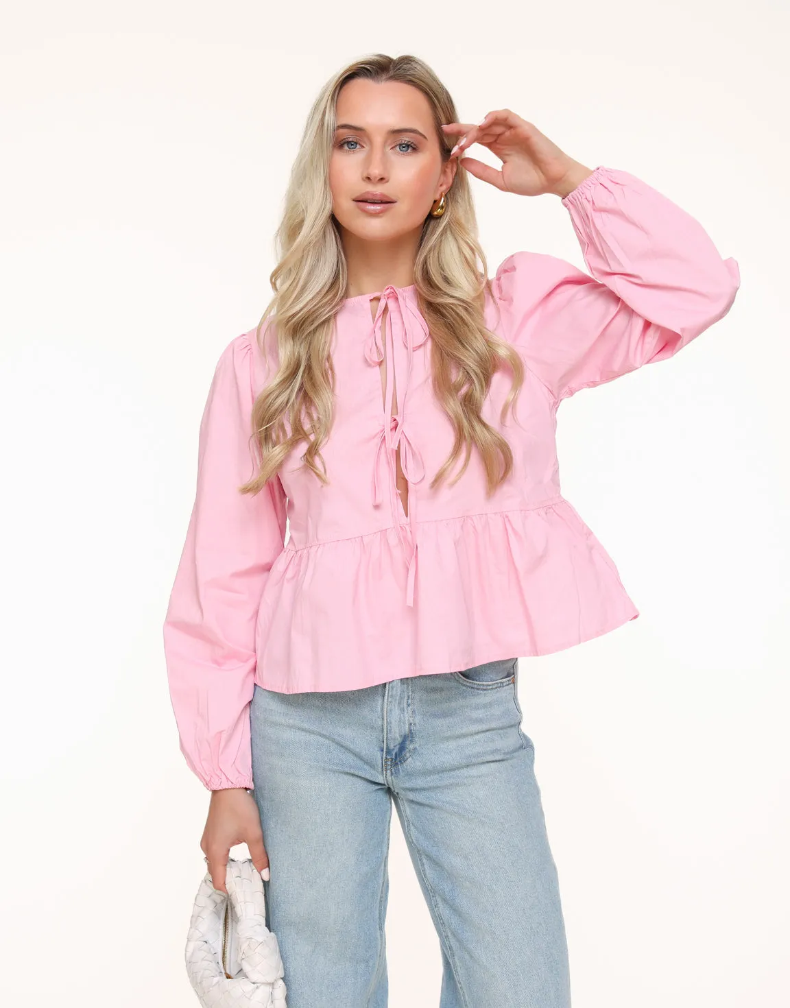 Lichtroze Strikjes Lange Ballonmouwen - Blouse