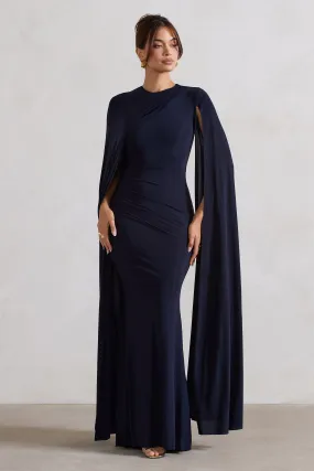 Magdelena | Navy Asymmetric Cape Maxi Dress