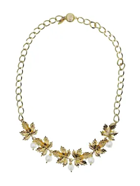 Maple Leaves With Pearls Pendant Statement Necklace HN011