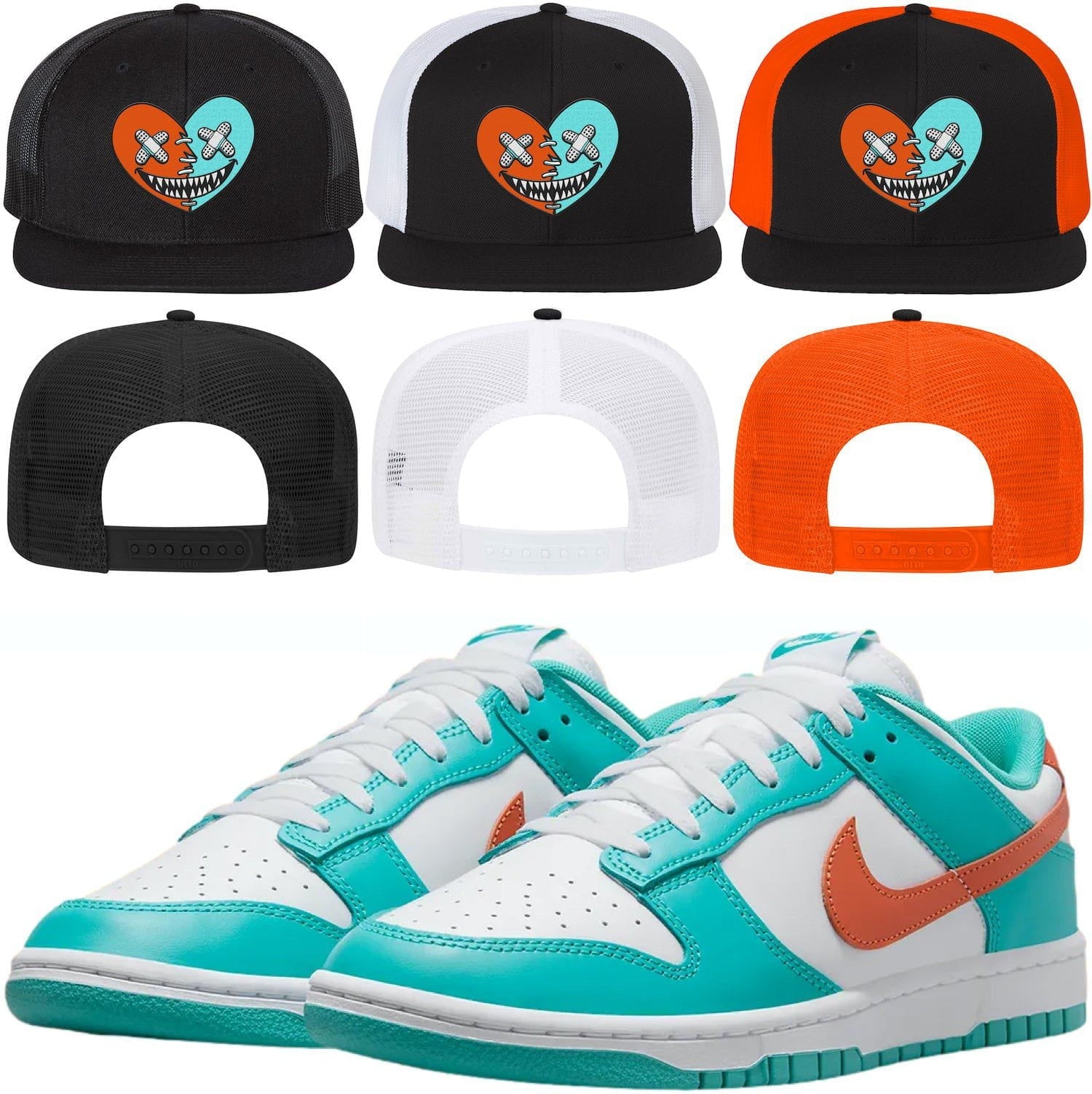 Miami Dolphin Dunks Flat Brim Trucker Hat - MIAMI HEART BAWS