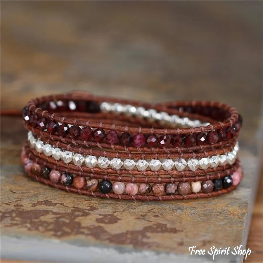 Natural Garnet & Rhodonite Beaded Wrap Bracelet