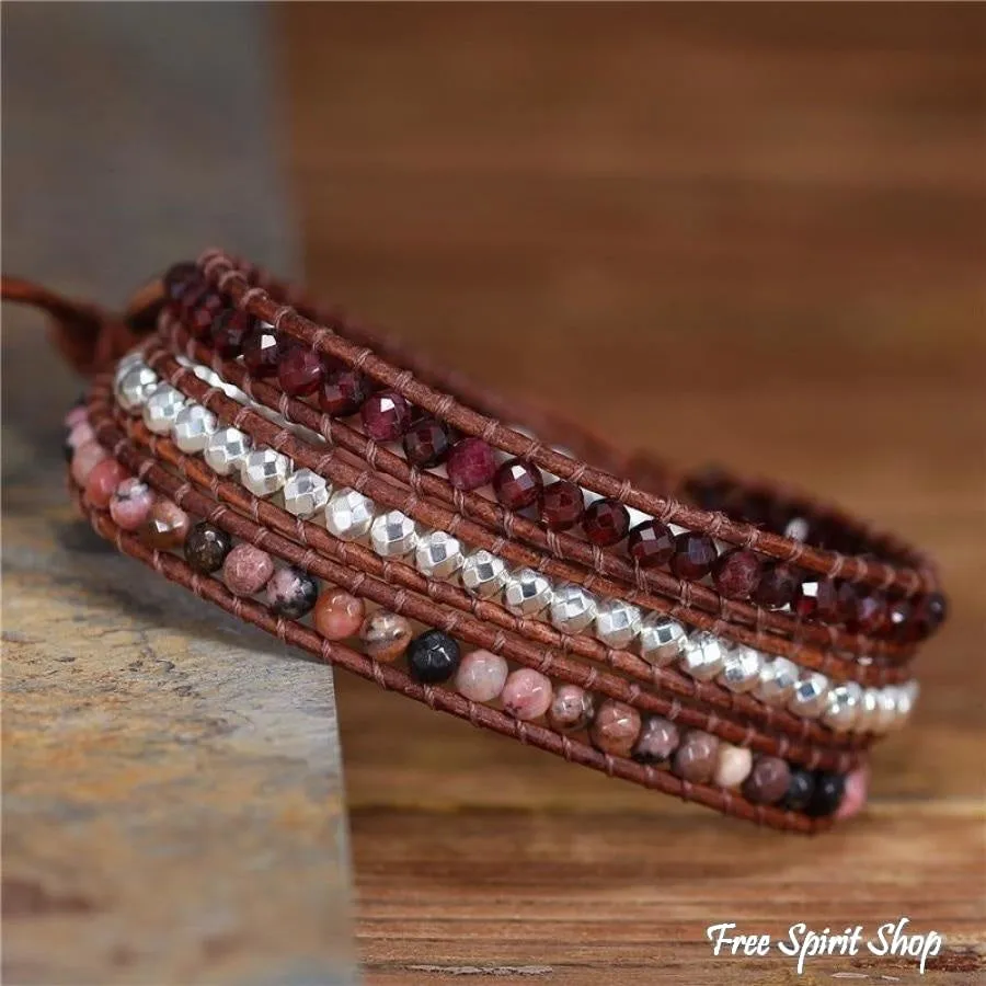 Natural Garnet & Rhodonite Beaded Wrap Bracelet