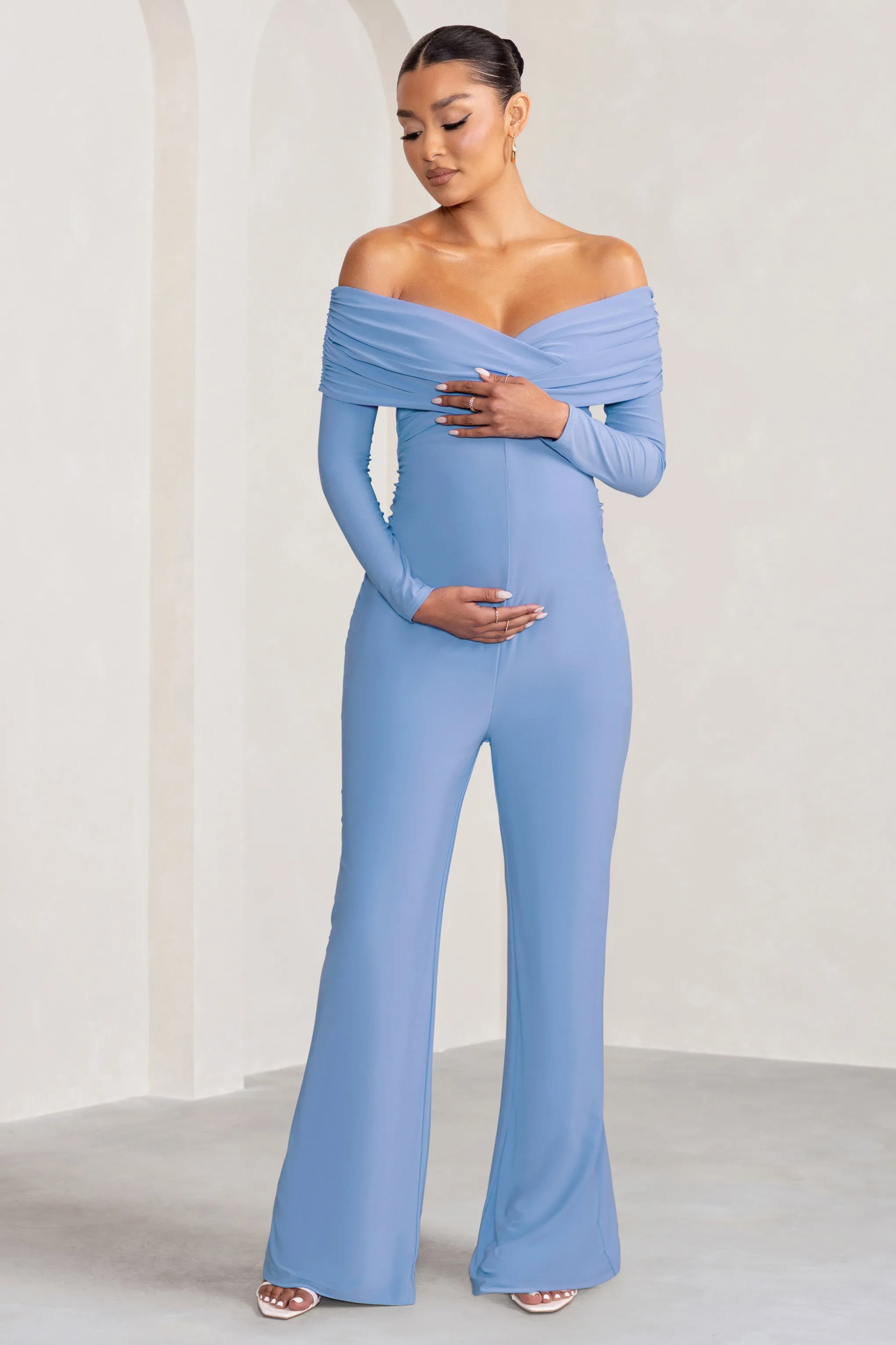 Nuala | Powder Blue Bardot Maternity Jumpsuit with Long Sleeves