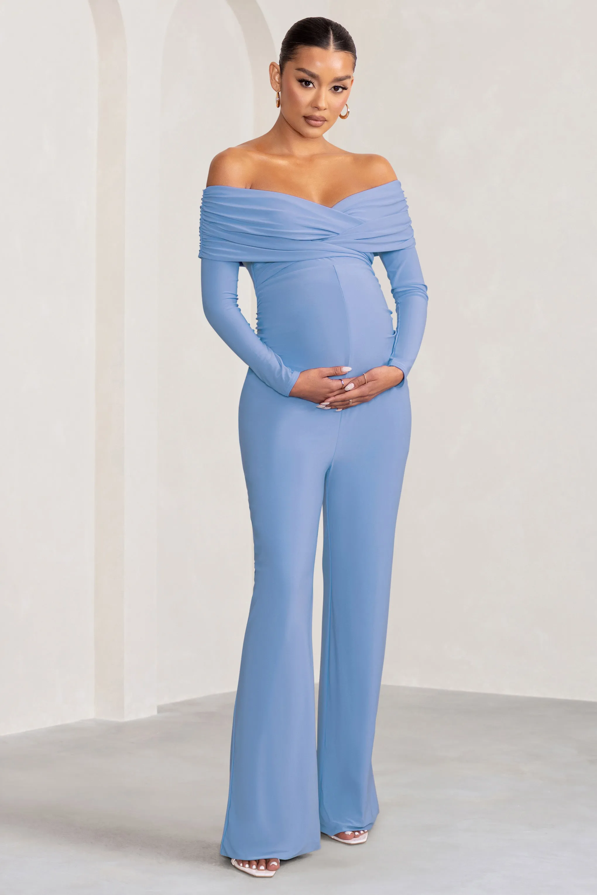 Nuala | Powder Blue Bardot Maternity Jumpsuit with Long Sleeves