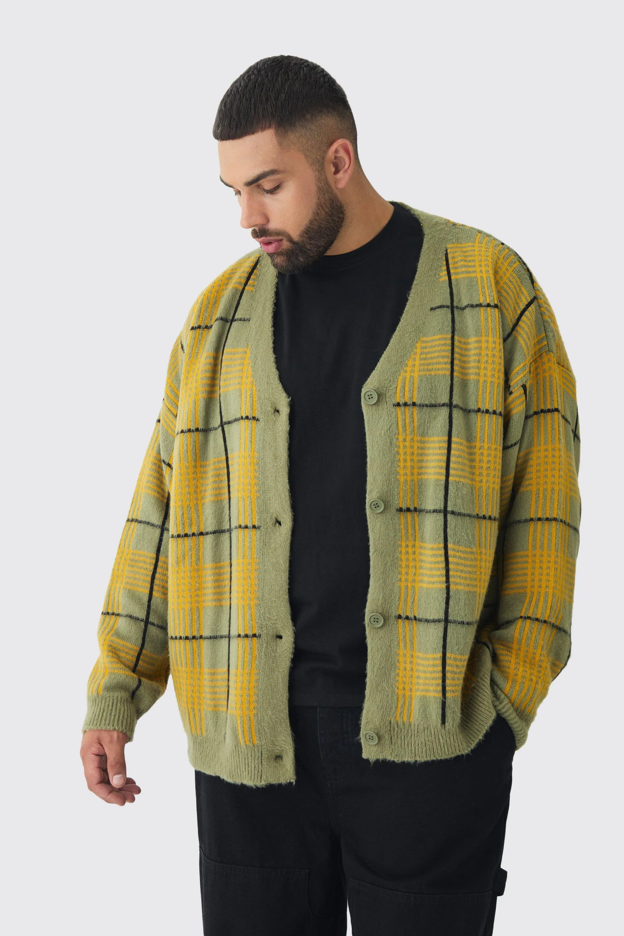 Plus Brushed Knit Check Drop Shoulder Cardigan