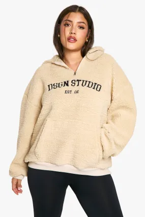 PLUS DSGN STUDIO EMBROIDERED BORG HALF ZIP HOODIE