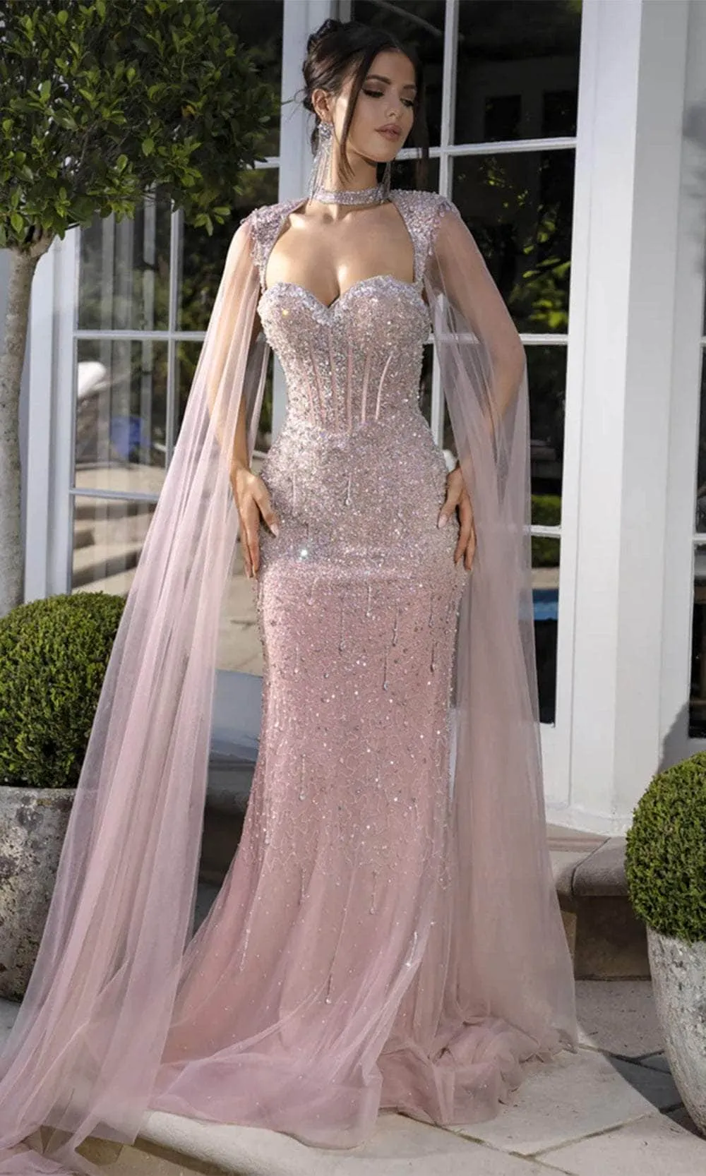 Portia and Scarlett PS25504 - Sweetheart Long Cape Sleeve Prom Gown