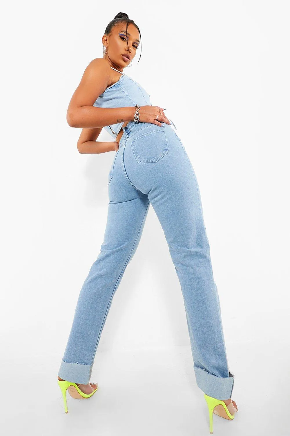 Raw Hem Roll Up Straight Leg Jeans