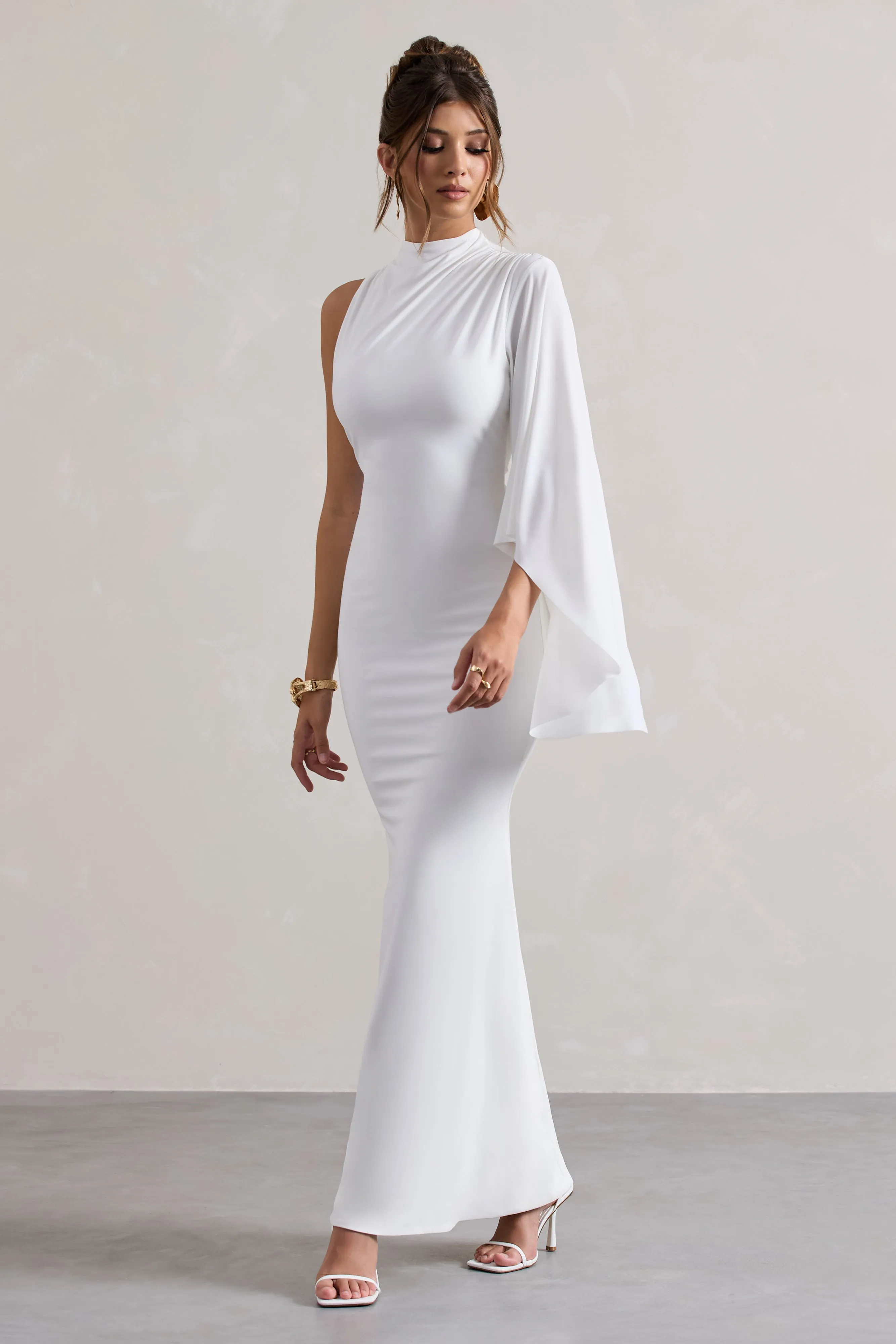 Samaya | White High-Neck Cape-Sleeve Maxi Dress