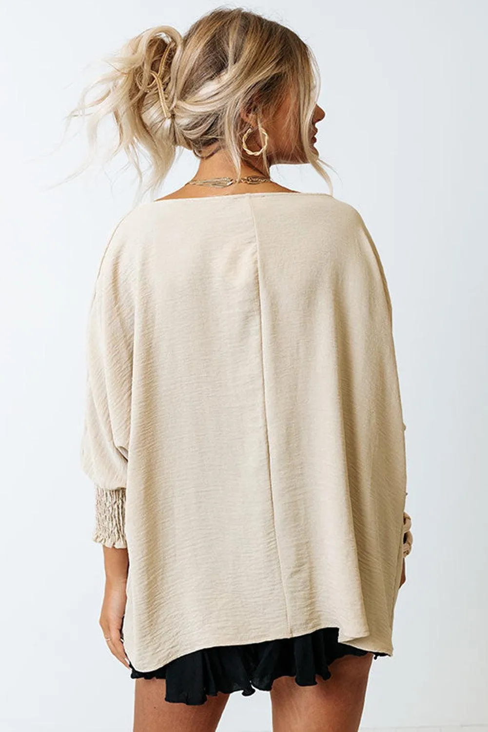 Smocked Cuffed Shift Blouse - Beige