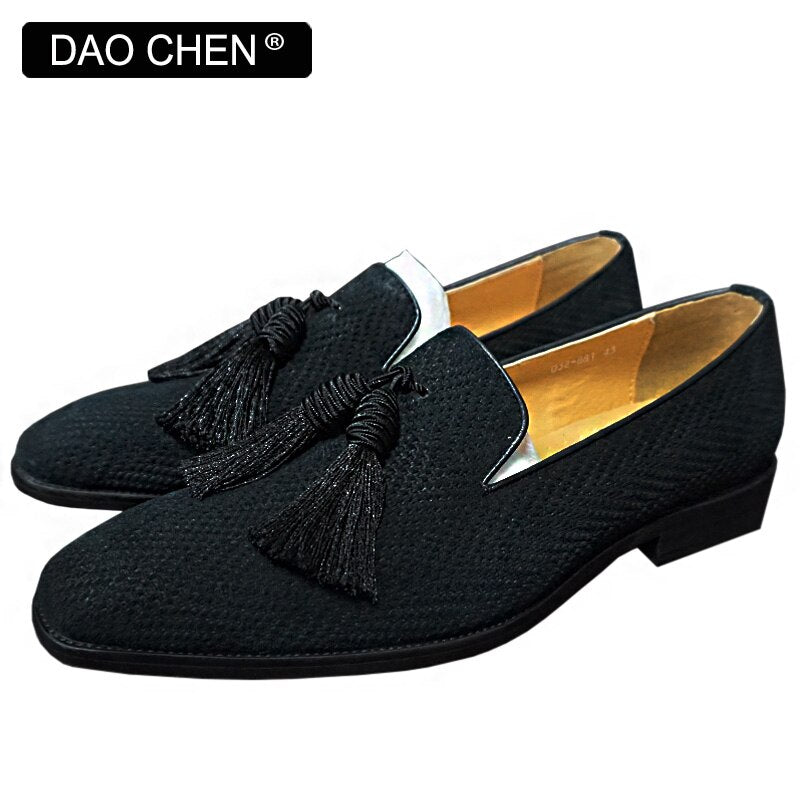 SUEDE BLACK TASSEL SHOES SLIP ON MENS DRESS SHOES