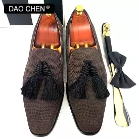 SUEDE BLACK TASSEL SHOES SLIP ON MENS DRESS SHOES