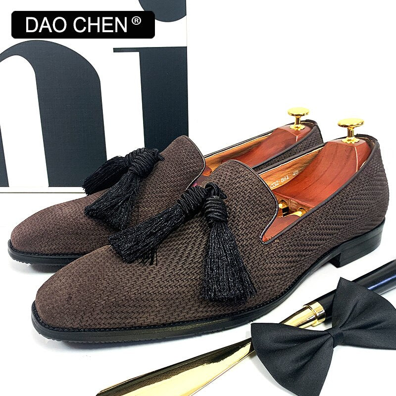 SUEDE BLACK TASSEL SHOES SLIP ON MENS DRESS SHOES