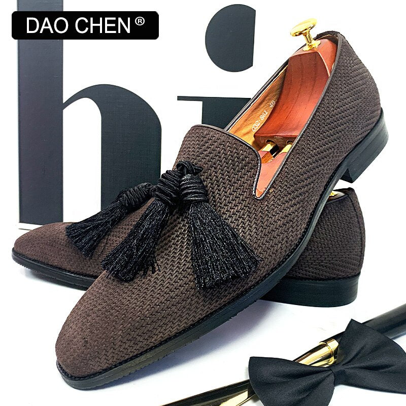 SUEDE BLACK TASSEL SHOES SLIP ON MENS DRESS SHOES