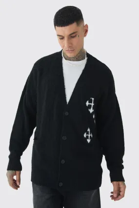 Tall Fluffly Knit Gothic Cross Applique Cardigan