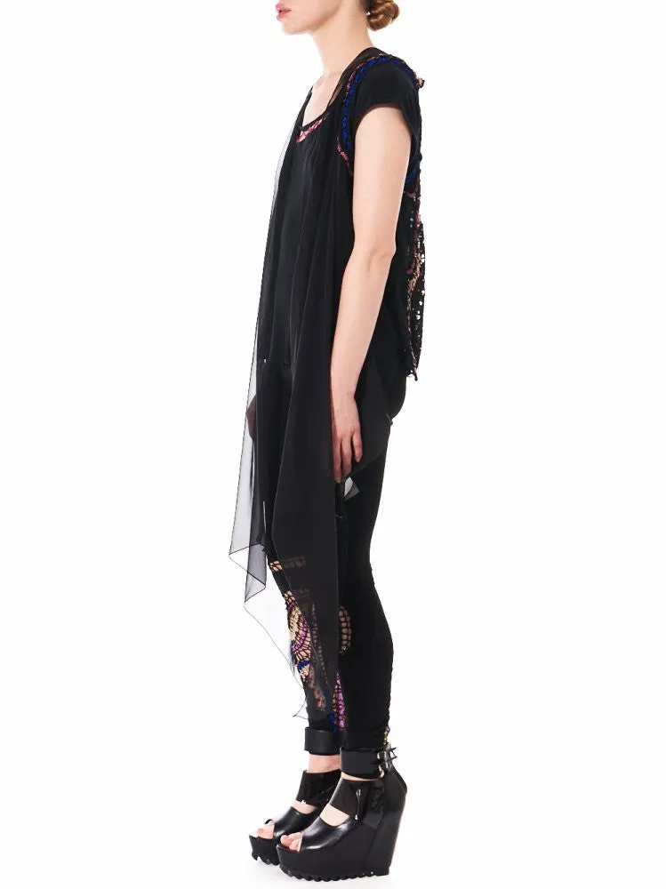 Textural Knit Cardigan with Tulle Draping (W16-A S3 BLACK/MULTI)