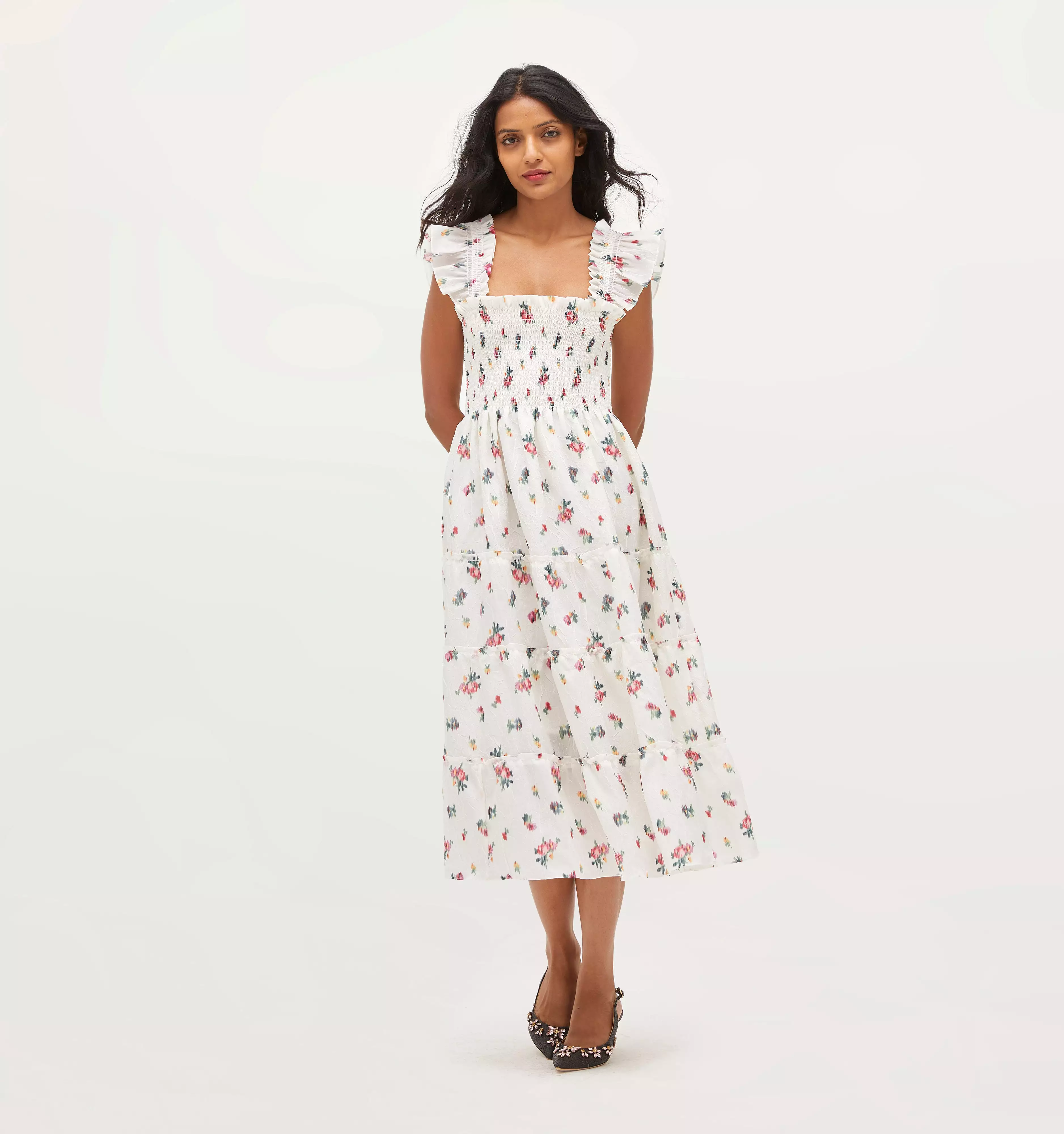 The Ellie Nap Dress - Ivory Ikat Floral Crushed Taffeta