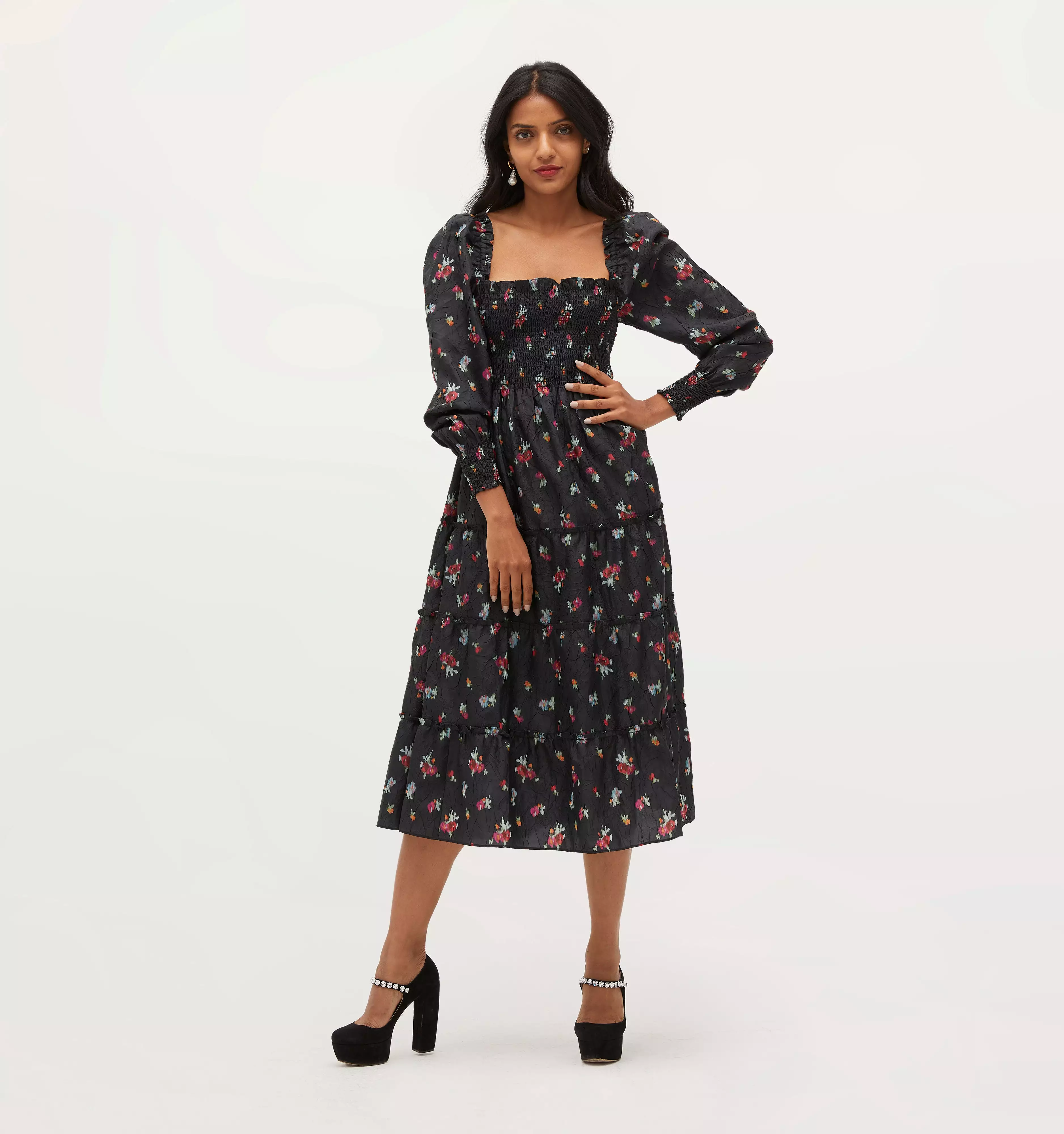 The Naomi Nap Dress - Black Ikat Floral