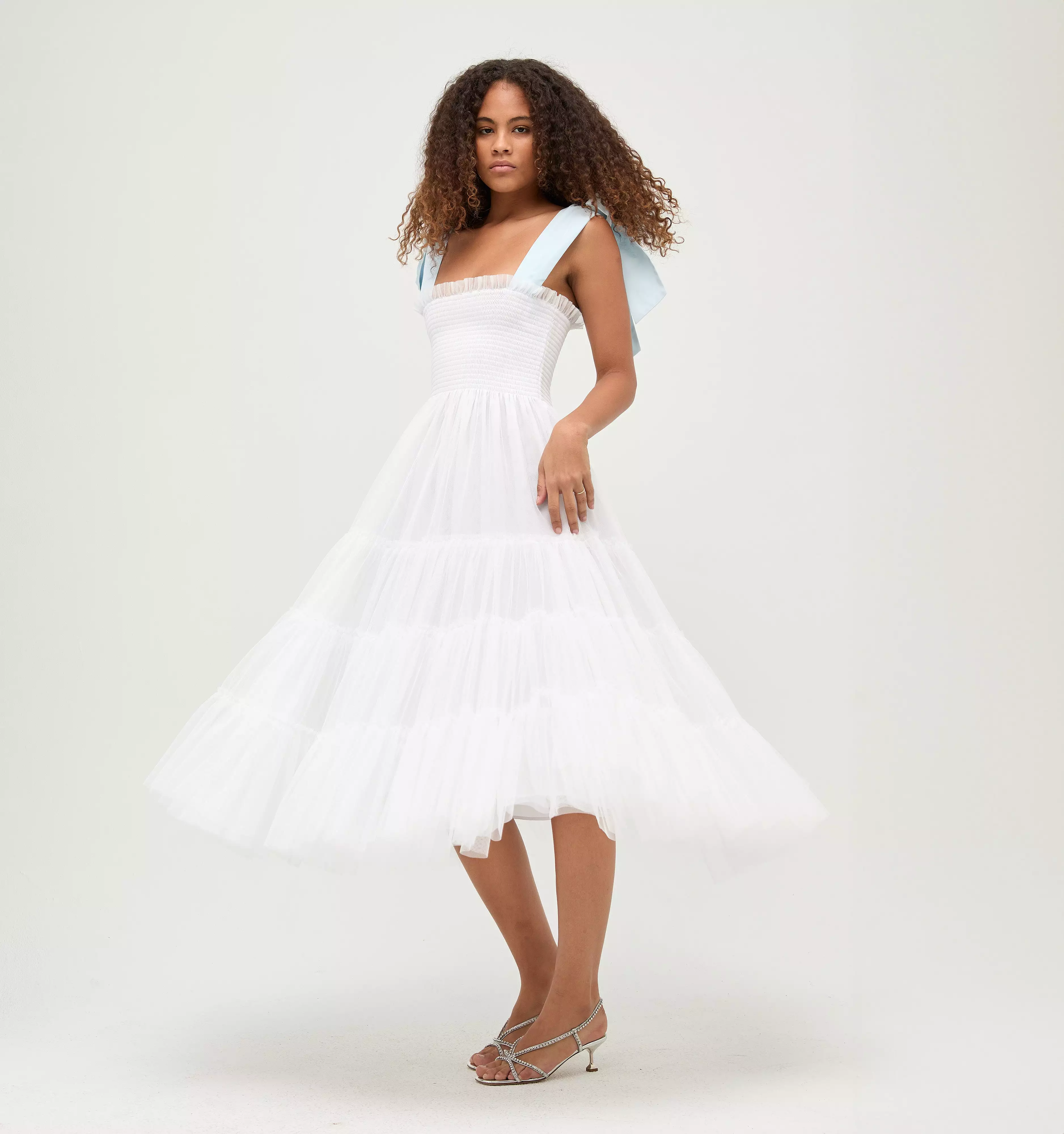 The Tulle Ribbon Ellie Nap Dress - White Tulle with Blue Ribbon