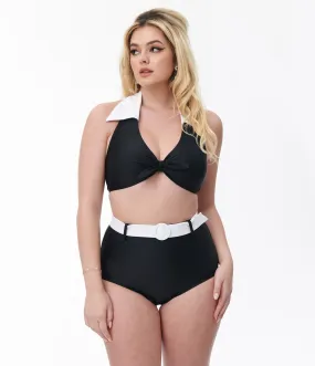 Unique Vintage Black & White Belted Swim Bottoms