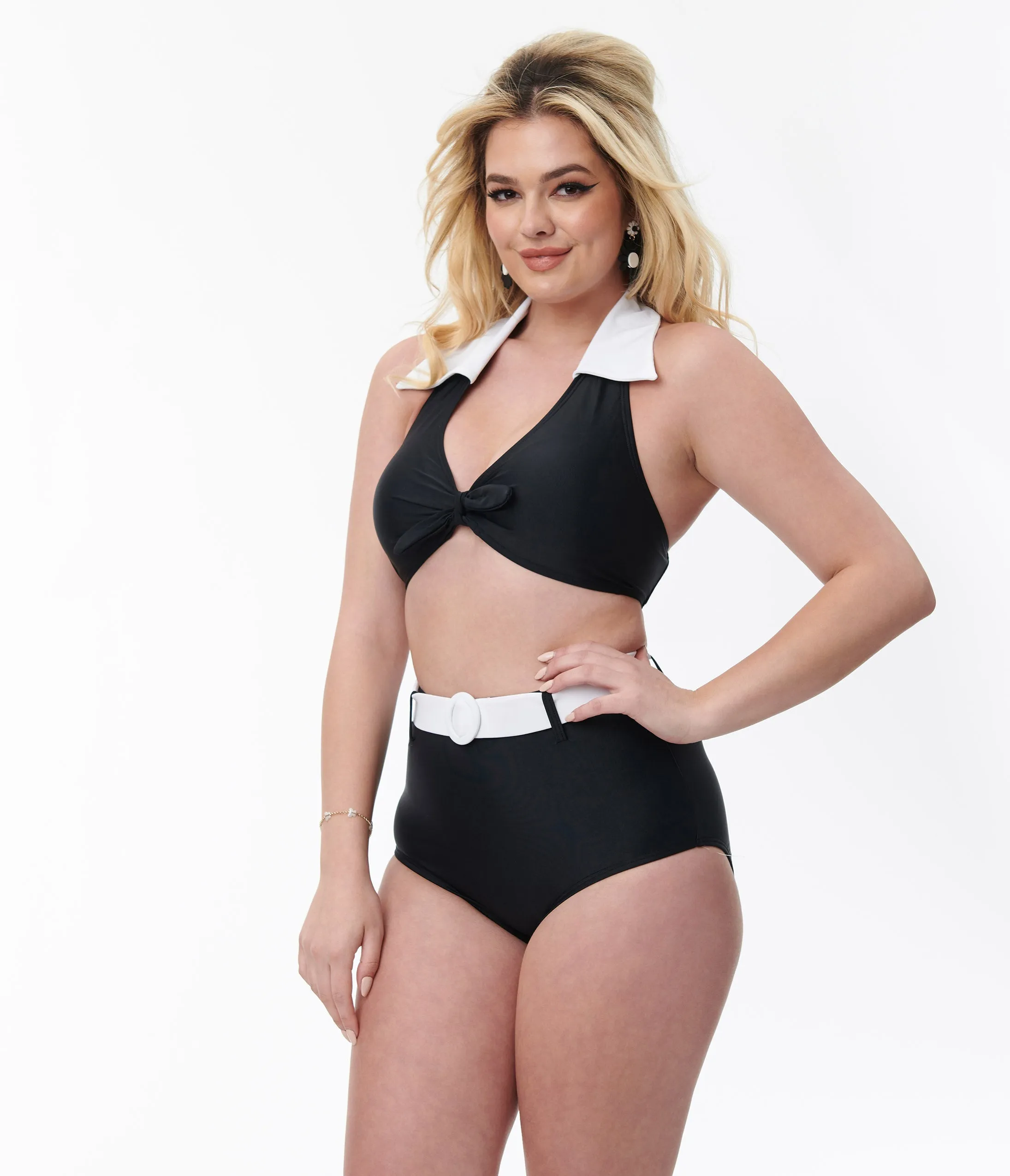 Unique Vintage Black & White Belted Swim Bottoms