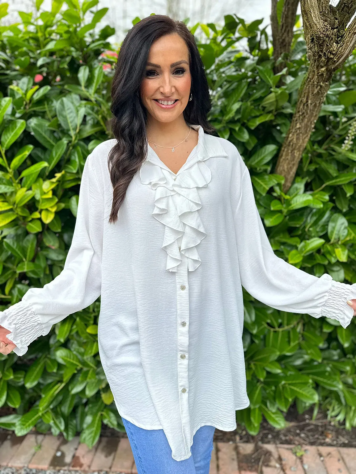 White Ruffle Front Blouse Annie