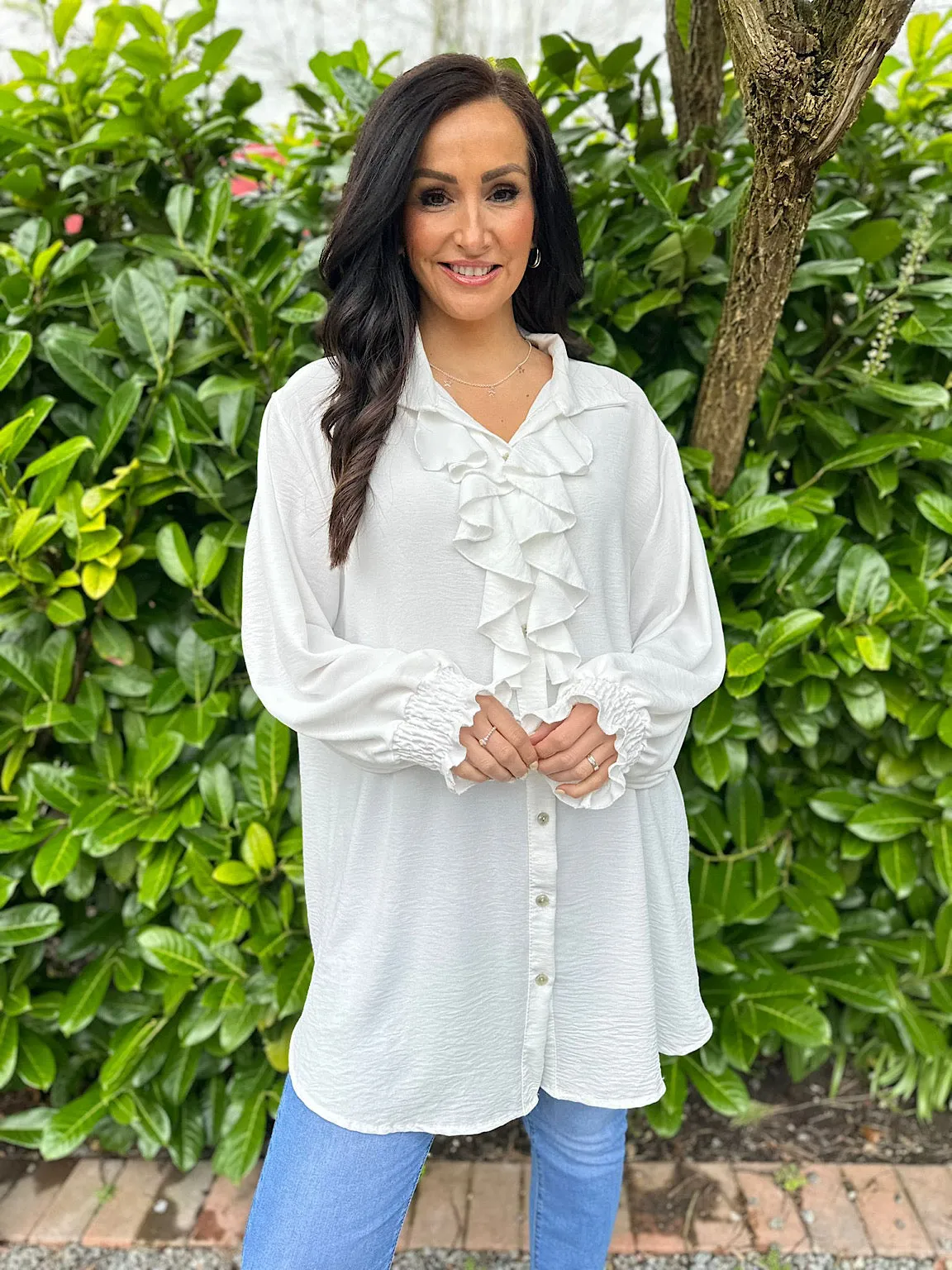 White Ruffle Front Blouse Annie