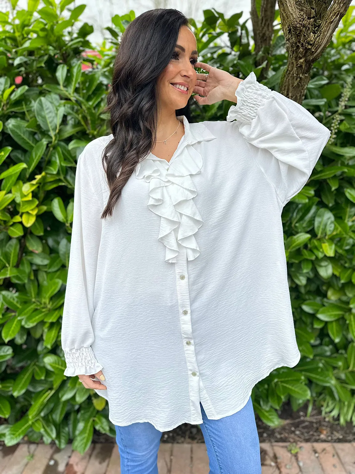 White Ruffle Front Blouse Annie