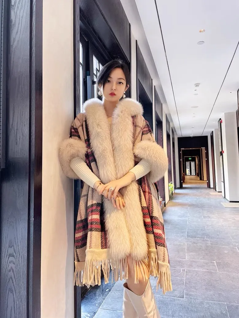 Wjj autumn and winter special offer new fox fur collar fur coat cheongsam shawl cloak plaid tassel loose clearance