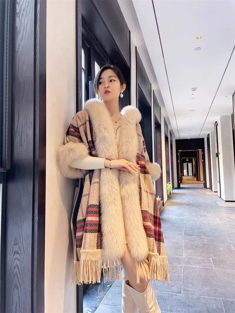 Wjj autumn and winter special offer new fox fur collar fur coat cheongsam shawl cloak plaid tassel loose clearance