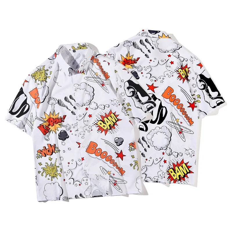 Xituodai 2022 New Arrival Men Shirt Chemise Homme Loose Summer Graffiti Printing White Cardigan Lapel Short Sleeve Cotton Casual