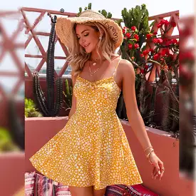 Yellow print A-line casual dress women Holiday beach sundress retro ruffle midi dress summer Spring slip dress femme