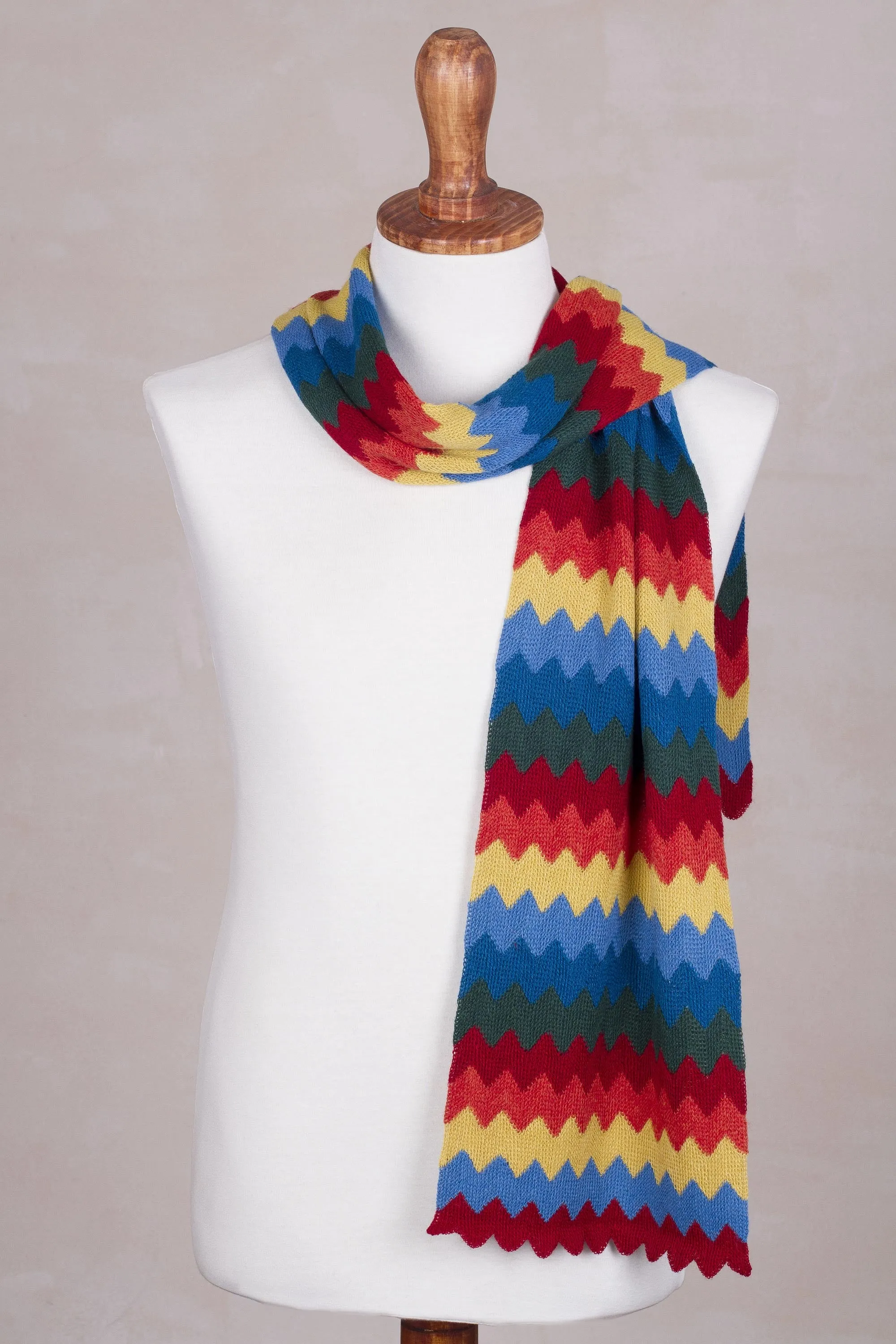 Zigzag Rainbow Multicolored Zigzag Striped Alpaca Blend Scarf from Peru