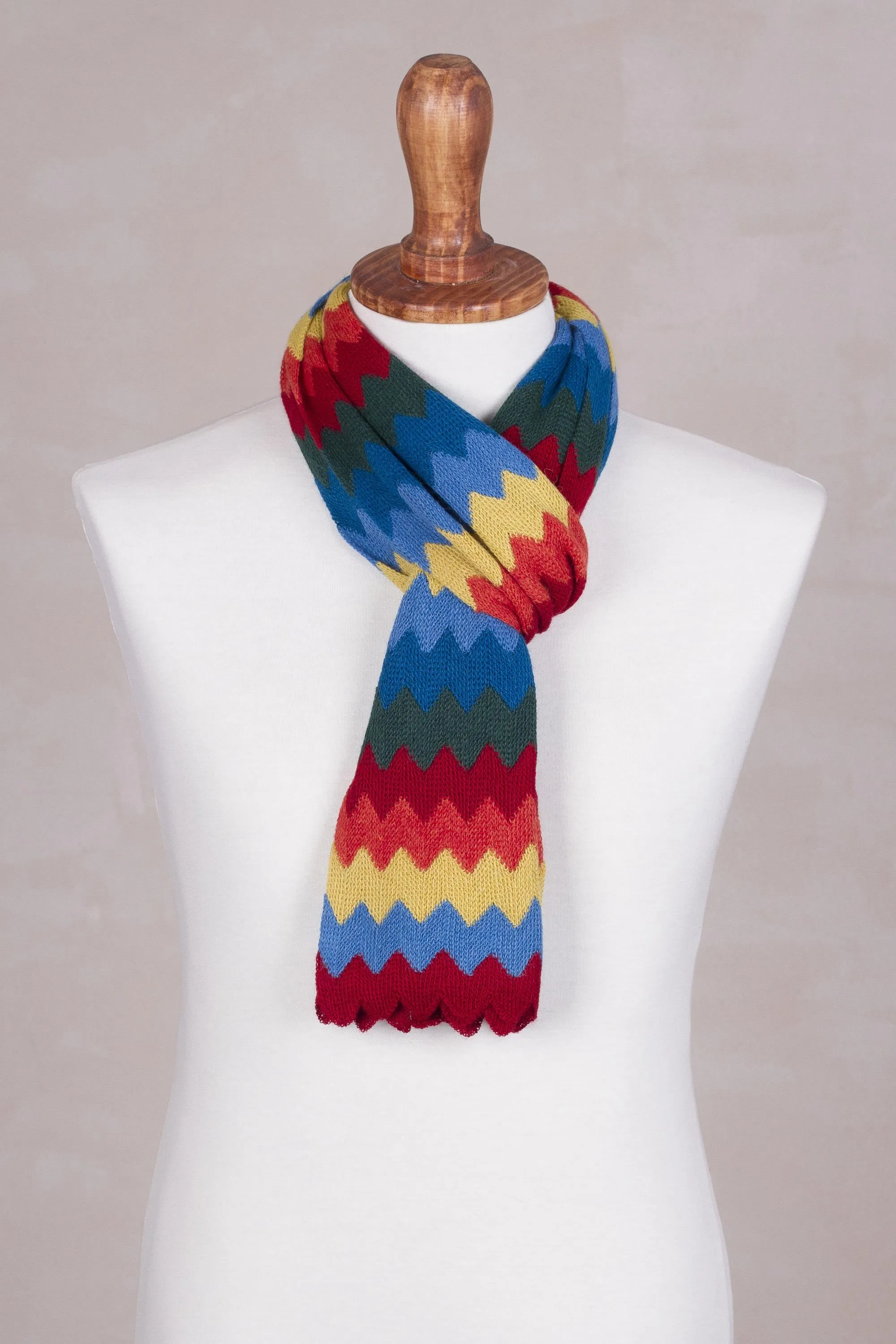 Zigzag Rainbow Multicolored Zigzag Striped Alpaca Blend Scarf from Peru