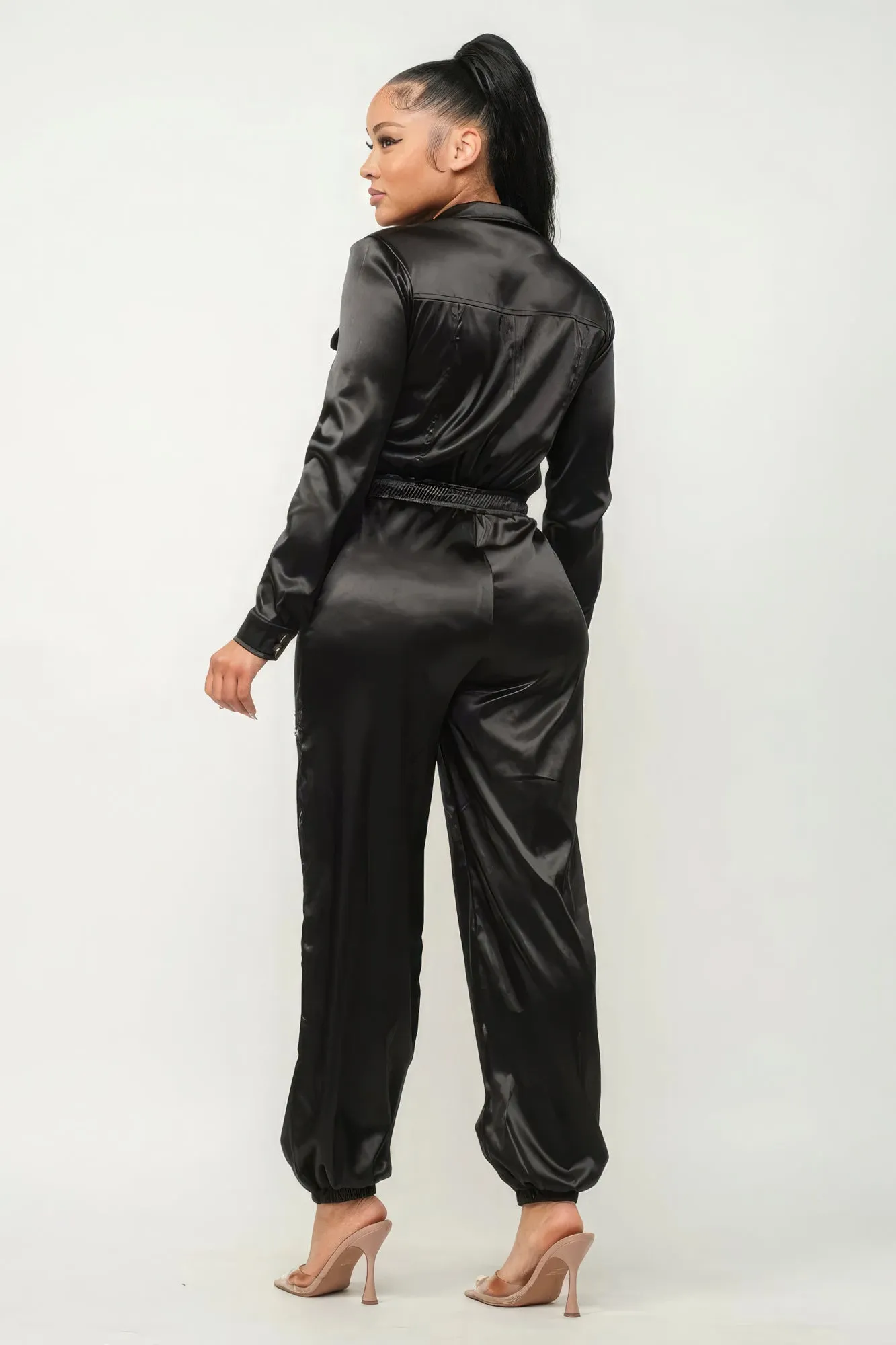 Zip Front Satin Cargo Jumpsuit