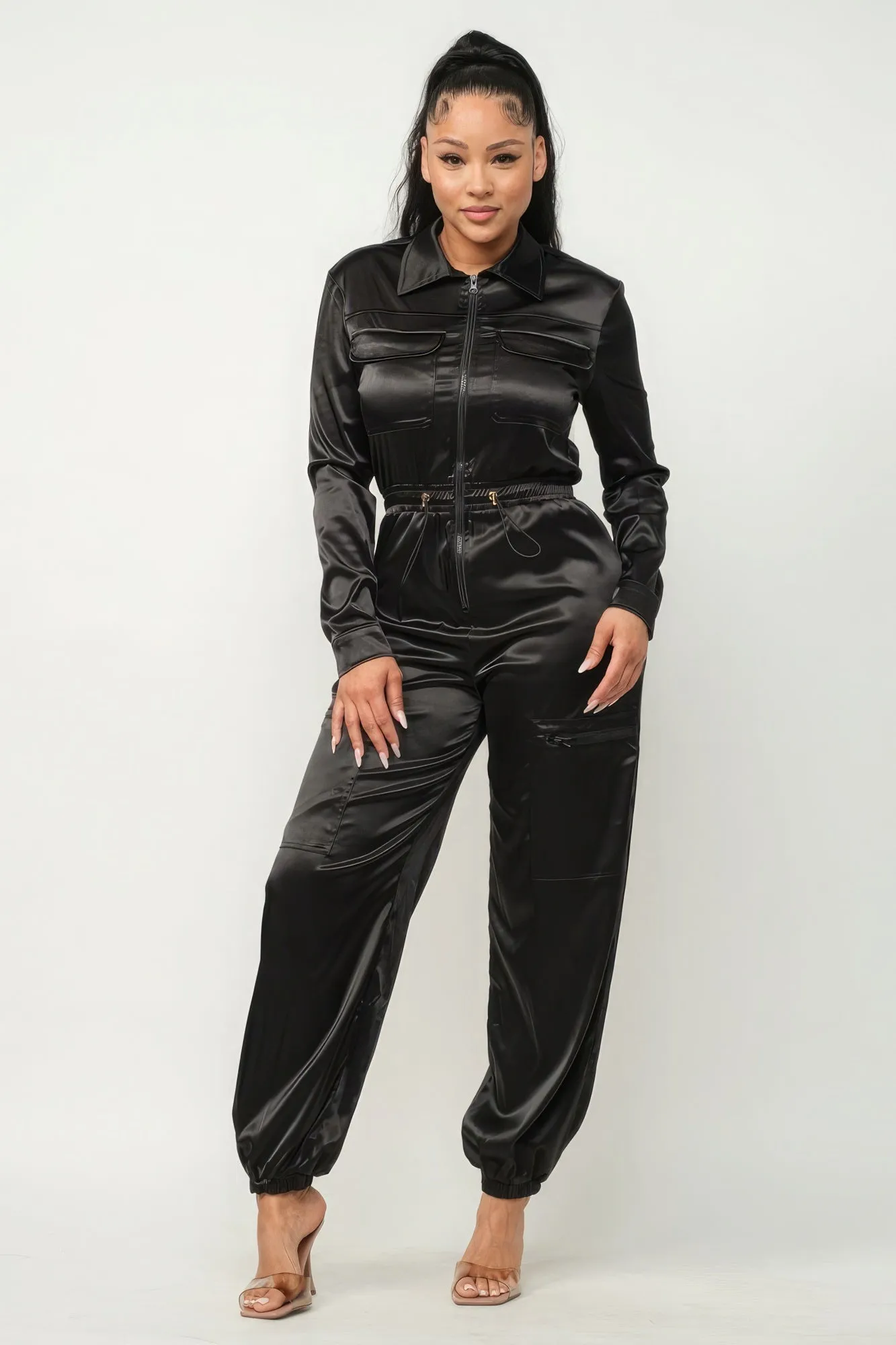 Zip Front Satin Cargo Jumpsuit